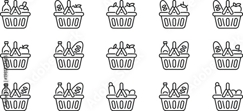Shopping basket icon set fifteen hand drawn vector groceries and food items retail shopping symbols illustration