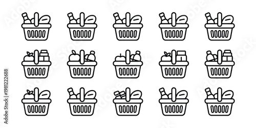 Shopping basket icons set hand drawn style groceries food retail baskets vector illustration collection fifteen items