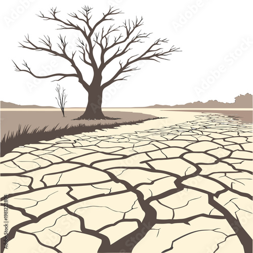 A stark illustration depicts a barren landscape with a solitary leafless tree symbolizing drought and environmental distress high quality professional detailed modern