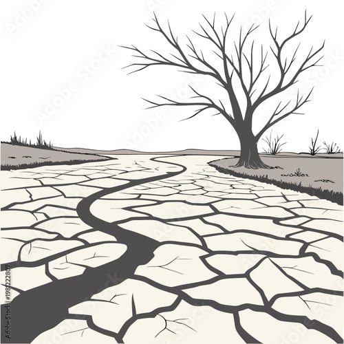 A stark illustration depicts a desolate cracked earth landscape with a winding dry riverbed and a bare leafless tree high quality professional