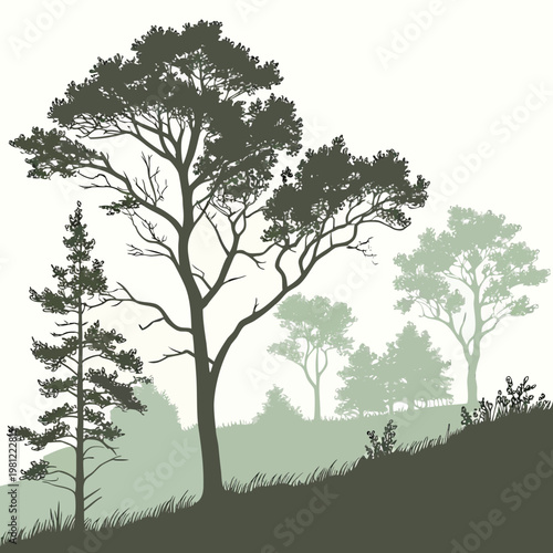 A serene stylized landscape depicts a cluster of dark green trees silhouetted against a softly faded light green background high quality professional