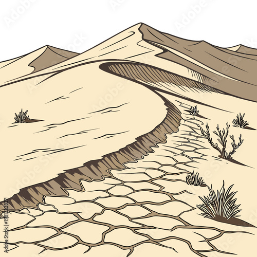 A stylized illustration depicts a winding dirt road cutting through a cracked arid desert landscape with sparse vegetation high quality professional detailed