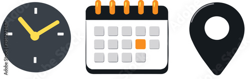 Set of Flat Vector Icons Representing Time, Date, and Location. Includes a Clock, Calendar, and Map Pin Pointer in Dark Grey and Yellow/Orange Accents.