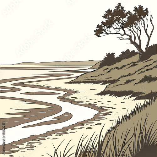 A serene illustration depicts a winding river flowing towards a calm sea framed by a sandy shore and a solitary tree