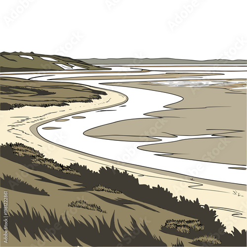 A stylized illustration depicts a winding river flowing through a coastal landscape with dunes vegetation and a distant horizon high quality professional