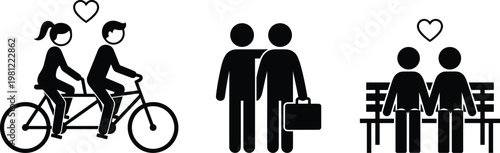 Stylized decorative relationship silhouette illustration featuring tandem bicycle, romantic couple, professional partners, bench seating, heart symbol, creative human connection artwork design.