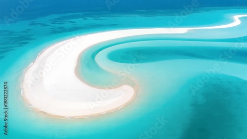 A breathtaking aerial perspective captures pristine white sandbar forming S-curve amidst vibrant turquoise ocean waters serene nature landscape drone view revealing abstract coastal beauty