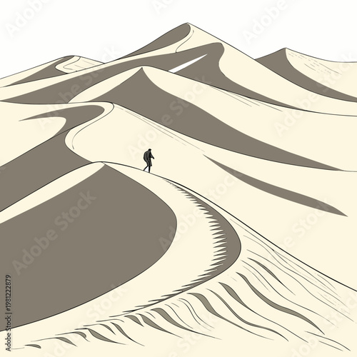A solitary figure walks across sweeping rolling sand dunes under a bright clear sky creating a sense of isolation high quality professional
