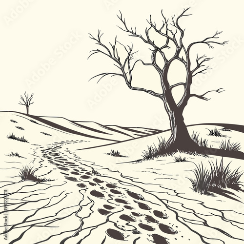 A stark black and white illustration depicts a winding path leading towards a solitary gnarled tree on a barren landscape high quality