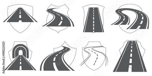 Curving road illustration on white background in black and white silhouette