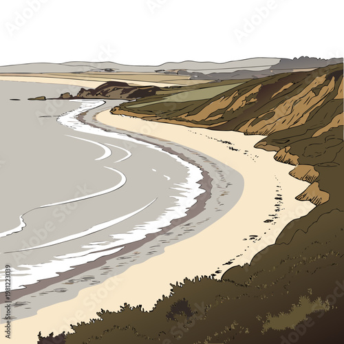A serene coastal landscape depicts a gently curving sandy beach meeting the ocean framed by grassy hills and distant cliffs high quality