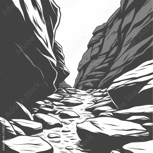 A striking black and white illustration depicts a narrow canyon with a rocky streambed winding through its depths high quality professional detailed