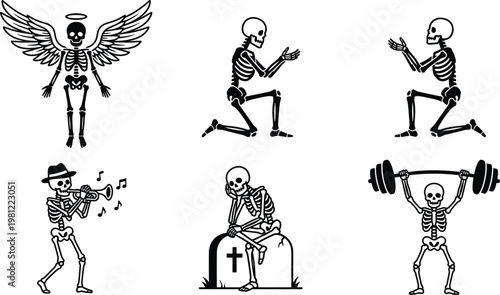 Stylized decorative skeleton character silhouette illustration featuring angel wings, praying, trumpet music, gravestone, weightlifting, creative Halloween death artwork design.