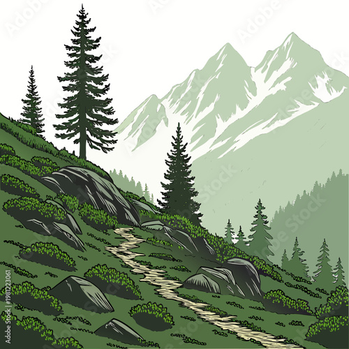 A picturesque landscape illustration depicts a winding trail leading towards snow capped mountains and lush evergreen forests high quality professional detailed modern