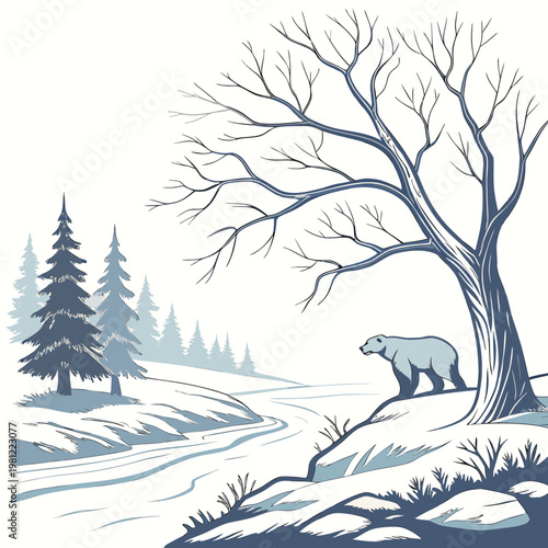 A minimalist illustration depicts a lone polar bear standing in a snowy wintry landscape with bare trees and a small stream