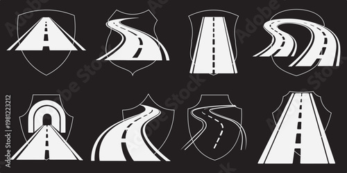 Curving road illustration on white background in black and white silhouette