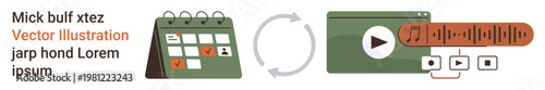 Time management, workflow, content planning, multimedia, scheduling, productivity. Calendar with marked dates, looping refresh symbol and video playback icons. Time management and workflow concepts