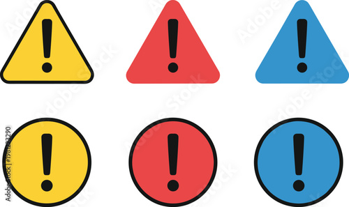 Stylized decorative warning icon illustration featuring exclamation marks, triangle and circle shapes, colorful caution symbols, creative safety alert artwork design.