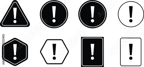 Stylized decorative warning icon illustration featuring exclamation marks, triangle, circle, hexagon, pentagon, rectangle shapes, caution symbols, creative alert artwork design.