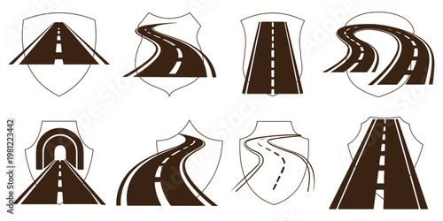Curving road illustration on white background in black and white silhouette