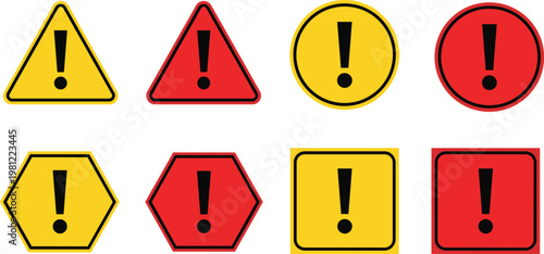 Stylized decorative warning icon illustration featuring exclamation marks, triangle, circle, hexagon, square shapes, caution symbols, colorful alert artwork design.