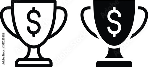 Trophy icons set black outline and solid style with currency symbol business success prize money achievement reward illustration