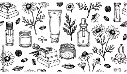 Chamomile Seamless Pattern Botanical Cosmetic Oil Soap Vector Design