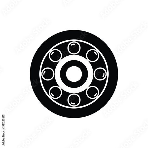A stark black and white illustration depicts a caster wheel showcasing its circular design and internal bearings high quality professional detailed