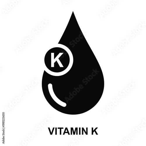 A black droplet shape contains the letter k inside a circle with vitamin k text below high quality professional
