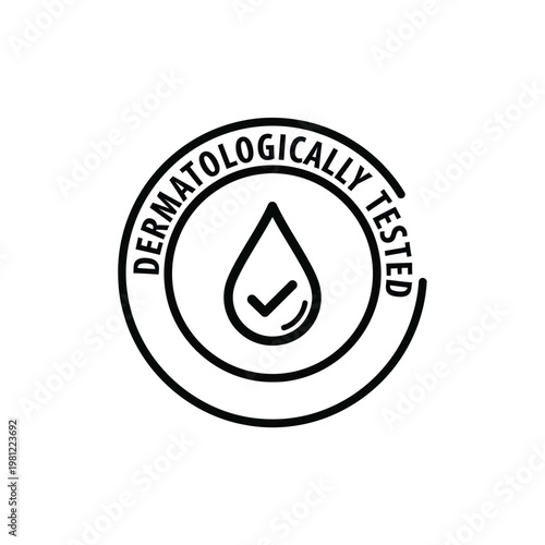 A circular black and white badge displays dermatological testing approval with a water droplet and checkmark symbol high quality professional detailed