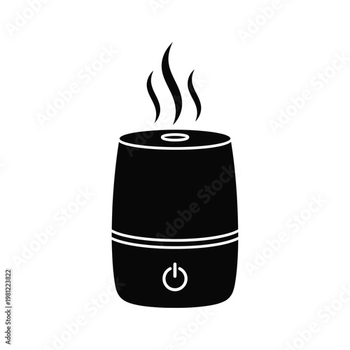 A simple black silhouette depicts an ultrasonic aroma diffuser emitting vapor featuring a power button icon high quality professional