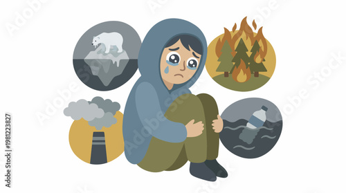 A sad child crying, surrounded by illustrations of environmental problems like melting ice, forest fires, factory pollution, and plastic in water.