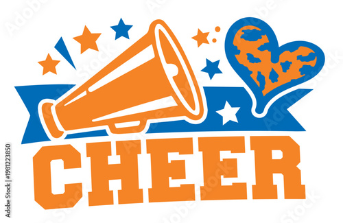 Cheerleading Team Spirit Vector Graphic with Megaphone, Leopard Print Heart, and Varsity Typography