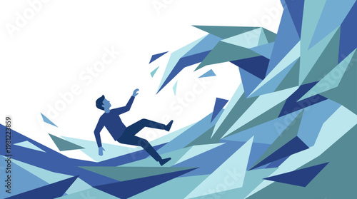 A person falling amidst a chaotic wave of sharp, geometric blue and teal shapes, symbolizing crisis and being overwhelmed.