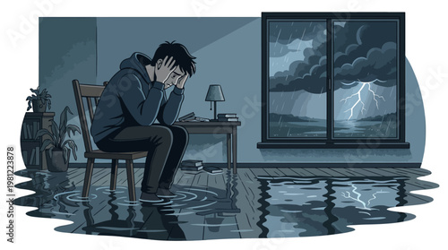 A young man sits in a flooded room, looking distressed as a thunderstorm rages outside the window.