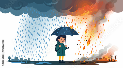 A child stands with an umbrella, caught between heavy rain and a devastating wildfire, symbolizing environmental challenges and climate change.