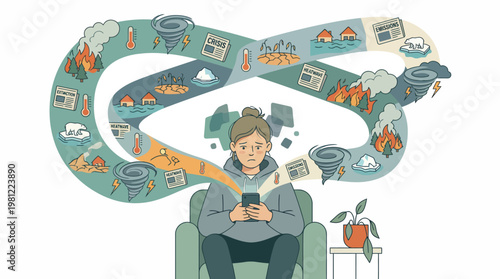 A person looking at a smartphone, overwhelmed by an infinity loop of climate change news and natural disaster images like wildfires, floods, and tornadoes.