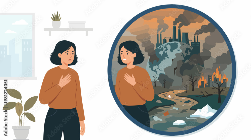 Obraz premium A woman feeling distressed about the severe environmental destruction and climate change impacts depicted in a thought bubble.