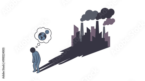 A person's shadow transforms into a polluting factory cityscape, symbolizing the environmental impact of human industry and global warming concerns.