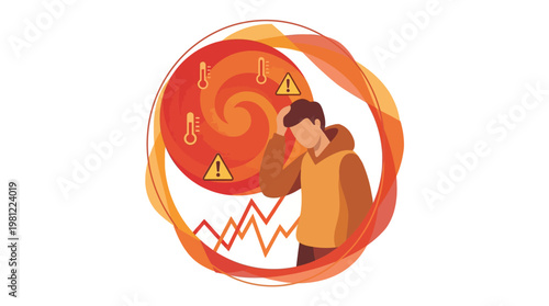 Illustration of a person experiencing heatstroke, fever, or mental stress with warning signs and high temperatures.