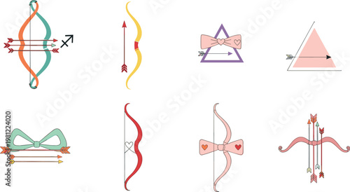 Set of Creative Bow and Arrow Illustrations Featuring Sagittarius Zodiac Symbols Heart Accents and Geometric Elements for Astrology Lovers and Valentines Day Graphics