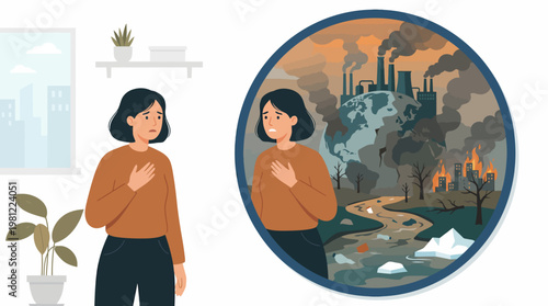 A woman feeling distressed about the severe environmental destruction and climate change impacts depicted in a thought bubble.
