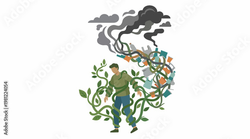 A person's struggle between nature's embrace and the destructive impact of industrial pollution and waste, symbolizing environmental conflict.