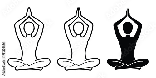 Three stylized figures in a yoga pose, one solid black, two outlines