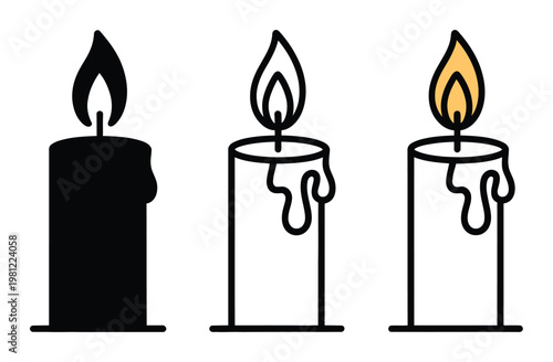 Three stylized candles with flames, one solid black, one outline, one colored outline