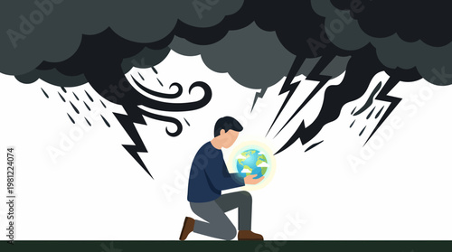 A person kneels, protecting a glowing Earth from a dark, stormy sky with heavy rain, strong wind, and intense lightning, symbolizing environmental crisis and hope.
