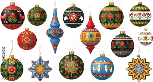 Colorful assortment of traditional glass baubles and ornaments hanging together Vector