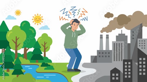 A person experiencing stress caught between a healthy natural environment and a polluted industrial landscape.