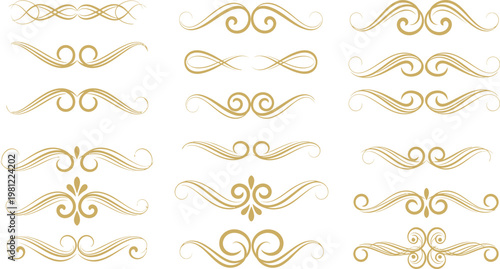 Golden Ornate Swirl Elements, Vintage Decorative Flourishes, Luxury Design Accents, 12 Ornament Set