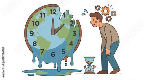 A stressed man with gears above his head looks at a melting Earth-shaped clock and an almost empty hourglass, symbolizing climate change, time running out, and mental pressure.